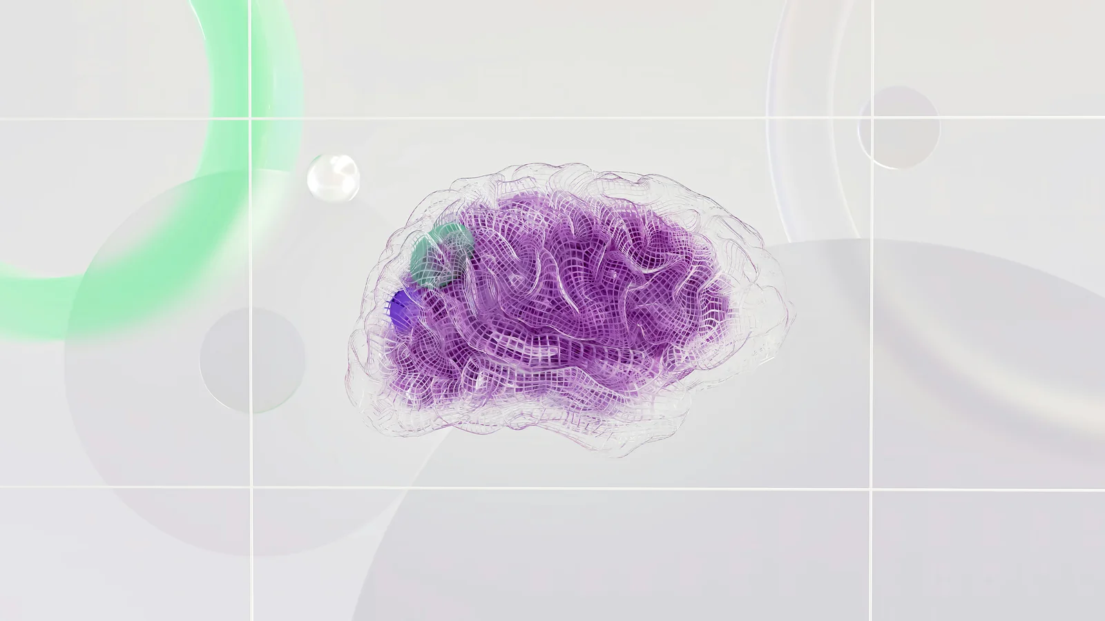 A translucent purple wireframe brain floating over a pale geometric background
